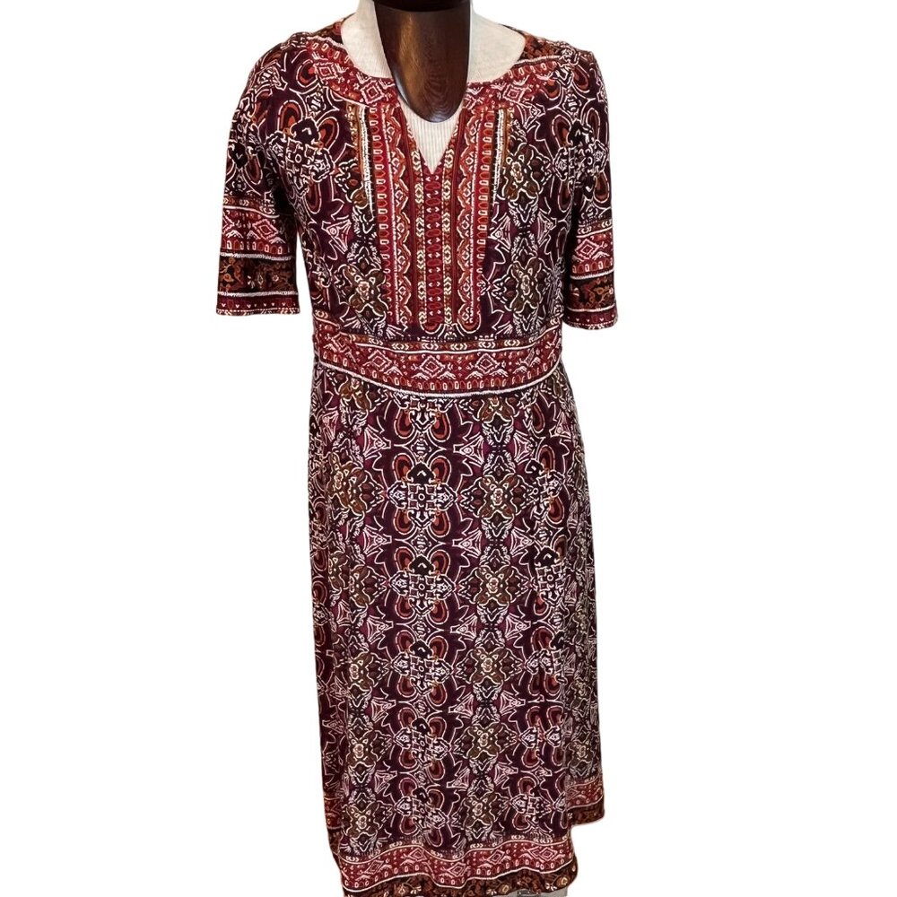Monroe & Main Womens Dress Midi V Neck 3/4 Sleeve Stretch Red Print Size Large